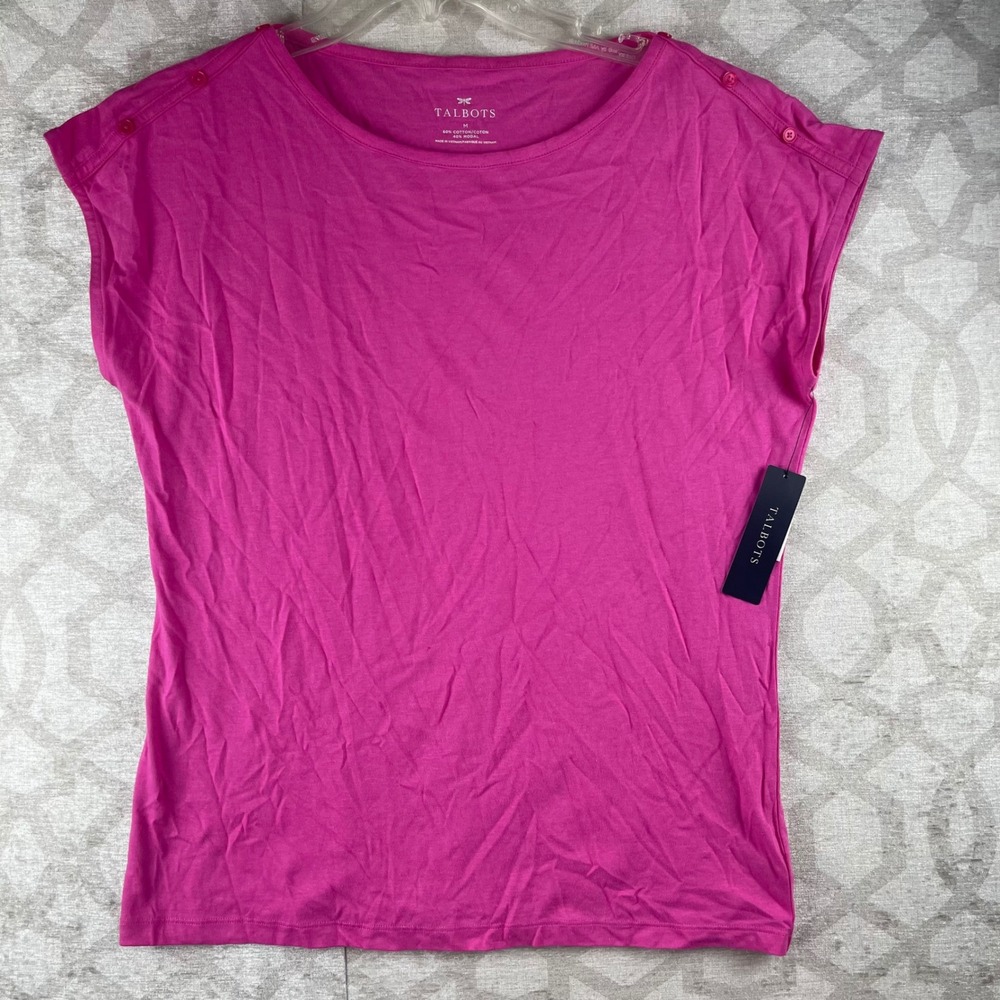 Talbots Boat Neck Cap Sleeve Top Womens Medium Pink NWT Button Shoulder Cotton